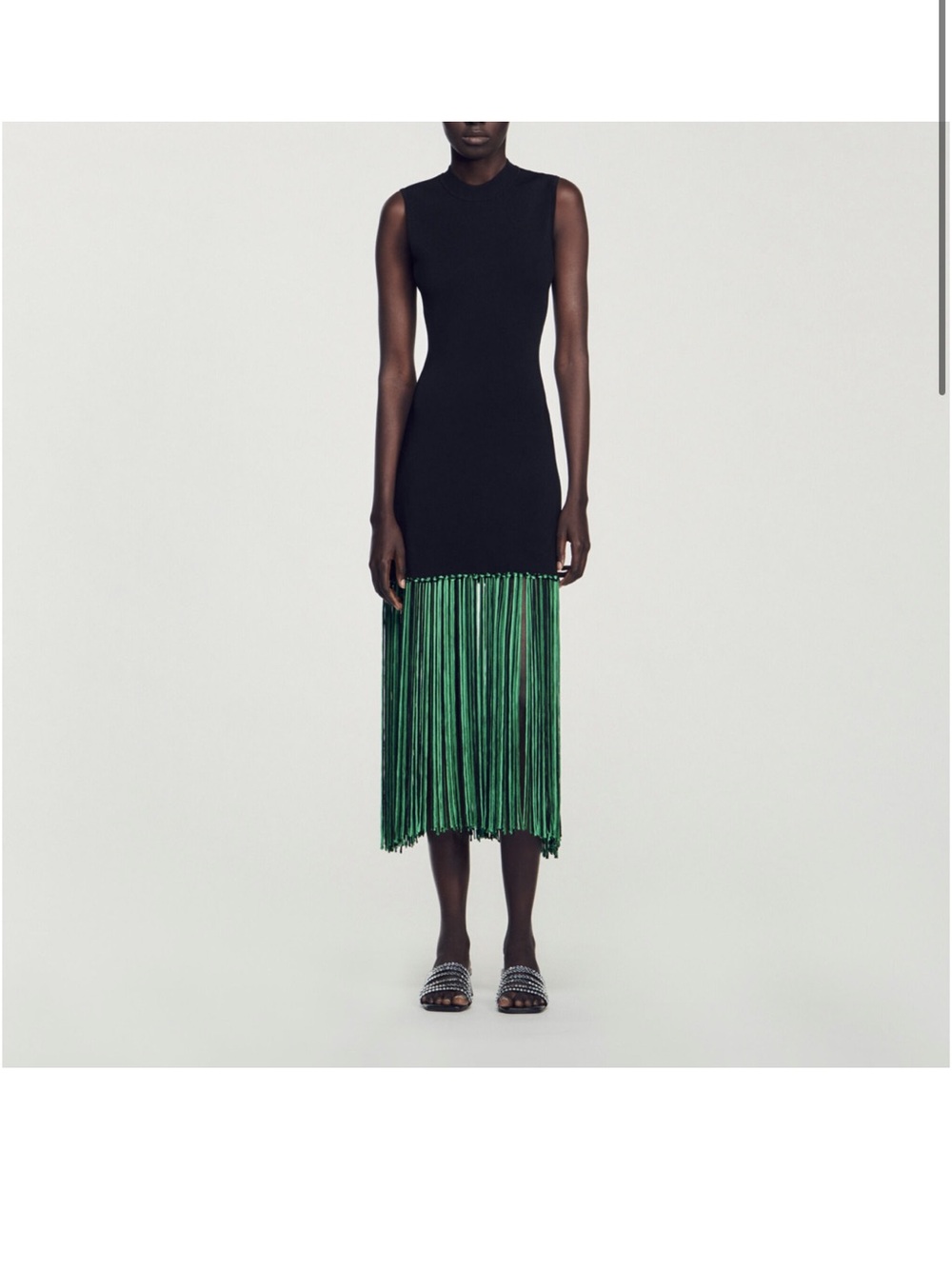 Sandro Black Sleeveless Maxi Dress with Green Fringe - Picture 2 of 5